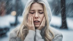 double exposure, beautiful blonde woman crying, double exposure, winter city, photorealism, 3d, 64k, high resolution, hyperrealism, f/16, 1/300 s.