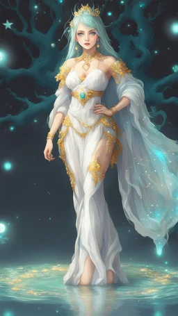 A beautiful girl with glowing starry eyes. And with turquoise hair decorated. And full body. Holds 10 glowing glass beads with a moon inside .girl void. full body Glowing golden eyes and white hair. Standing on a land of water embellished with sapphires and ornate trees. And beautiful buildings. And a sky full of star