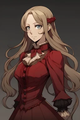 Personaje de anime femenina, con cabello rubio y largo, vestido de epoca victoriana rojo oscuro. rostro delgado, mirada seria e imponente