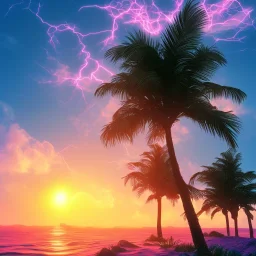 1980's vaporwave aesthetic palm trees with lightning with solar eclipse in the ocean waves sunset