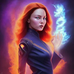 Dark Phoenix, X-Men , Jean Gray. hyperfantastic,hyperscifi,unreal engine,3D,best colours,deep purple . fire theme .blue neon smoke.cinamatic,full cinematic lights.beautiful body and hands details,beautiful face details,8k,hyperdetails.by alan parker.ann dittman