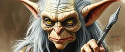 gremlin gandalf as woman , airbrush and pen outline