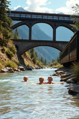 a few boys happy swimming in beautiful river, underbridge railway classic steampunk train on pass,wonderful landscape mountains background