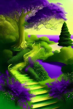 garden sky field trees river pools gold green purple stairs