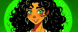 anime girl with dark skin that has long curly black hair and green eyes playing with Peter Pan