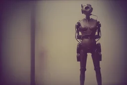 steampunk, vintage analog polaroid of a woman robot, female body, fog, lomography, heavy film grain, night, color bleed, depth of field, bokeh, retro