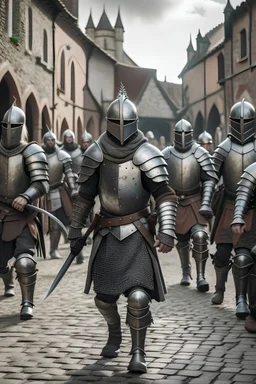 Fantasy man in rough clothes being escorted by a group of fantasy knights in plate armour in a village square