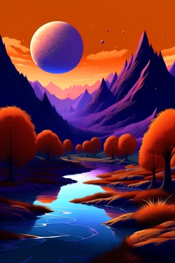 A picture of a fall landscape with trees, mountains, and a river, except the trees have purple leaves, the mountains are blue, and the river is orange, on a planet with two moons and a ring system, alien and surreal digital art.