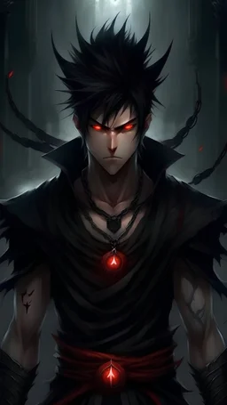 Charming dark fantasy illustration of Hiei, a young demon warrior, standing tall and poised with his slim body. His black tunic contrasted sharply with his spiky black hair, which featured strands of white, and his emotionless red eyes penetrated into the distance. Jagan, the evil eye, adorns his forehead, symbolizing his bond with his sister, Yukina. Releasing his terrifying true form, Hiei's body transforms, covered in countless Jagan faces that reflect his colossal power. A gloomy, stormy sky