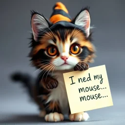 A small, fluffy Halloween cat with prominent whiskers and large ears and hat stands on her paws. Her fur is black and white, with a light brown center and dark edges. The cat's expressive, shiny orange eyes give her a soulful look, and her mouth is slightly open. She is holding a cream-colored sign with "I need my mouse..." in black handwritten cursive and a small mouse. The cat's pink nose adds a splash of color to the image.