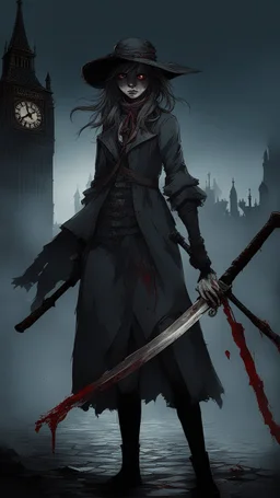 Bloodborne style girl with bloody eyes holding a katana and the atmosphere is dark and the time is 1800s london themed