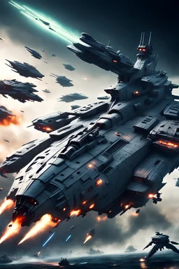 futuristic 4 space battleship fighting in brutal battlefield with 4 alien spacebattleship