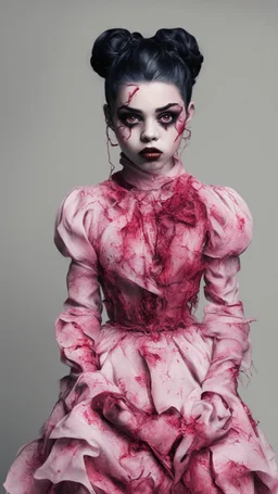 full color, illustration of a darkred and pink tones, menacing, Singer Melanie Martinez face, as a decayed, broken, skin turned translucent, black veins that extended like roots beneath her skin, latex suit, crude homemade cloth doll toy, with a narrow cracked porcelain face, thick dark eyebrows, hair in two gradually, made from ragged strips of cloth, in the style of Alex Pardee, Tim Burton, and Nadya Sheremet