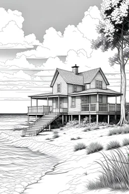coloring page tropical beach house in nantucket next to ocean