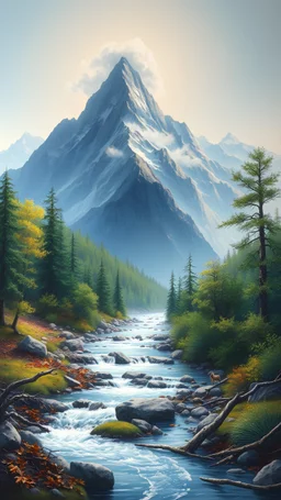 This painting is a landscape painting with towering peaks in the distance, a steep mountain with a cloud shrouded summit. At the foot of the mountain, there is a clear stream flowing out of the mountain stream, passing through dead leaves and stones, emitting a faint rumbling sound. Alongside the stream, there is a lush forest where small animals forage and play under the trees. The sky in the painting is clear, seemingly radiating a glow. The entire painting is bright, using different shades o