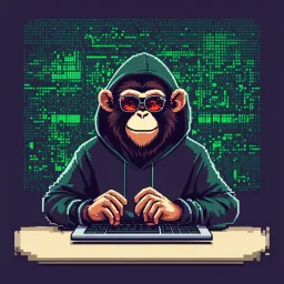 A grinning Monkey sitting in front of a laptop, hacking systems, wearing a hoodie and sunglasses. Matrix in background. Pixel Art. Profile Picture. Avatar. Pixel