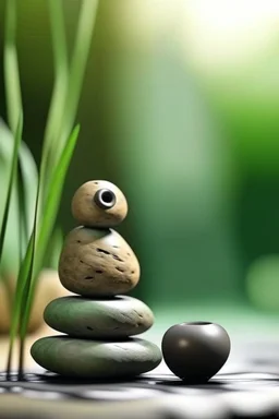 delicate background with spa stones and a bamboo stem, on a blurred background, a female curved statue sits on the stones, photorealistic photo