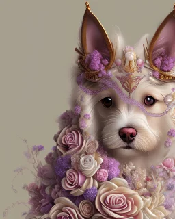 Ultra realistc natural baby dog in white dress with white hair. Around lilac, indigo, bianco giallo and pink natural roses. White backgroung. An intricate detailed white 3D paper patchwork, crown, diadem, fantasy, rose tones, beautiful