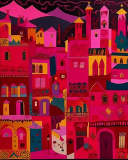 A dark reddish magenta village with torches designed in Moroccan rug art painted by Stuart Davis