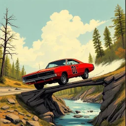 golden age of comic rendering, dramatic angle of dukes of hazard's general lee - 1969 red dodge charger with "01" on side jumping over a small river from a downed bridge