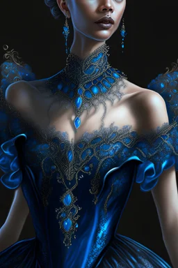 Haute couture woman dressed in a blue and black silk dress adorned with jewels, elegantly centered support, hyper-realistic digital painting, UHD drawing, draped fabric texture, shiny reflections of precious stones, interplay of light and shadow, detailed embroidery , delicate lace, high fashion atmosphere, ultra-fine details, high-resolution screen.