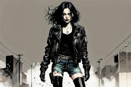 Create and fine print full body illustration of a Goth Girl with finely lined and detailed facial features in a battered leather jacket adorned with patches from countless encounters, torn black skirt ,battered combat boots, , in the graphic novel style of Bill Sienkiewicz, and Jean Giraud Moebius, precisely drawn, colored and inked