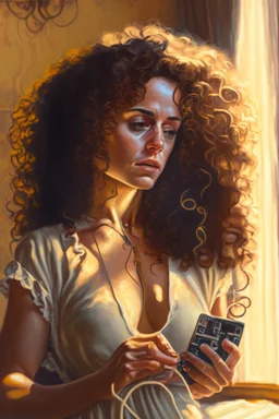 A beautiful woman with curly brown hair, a pensive expression, holding in one hand an old dial phone with the cord wrapped around her body, in a luxurious room in sunshine