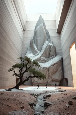 Photograph, a mass of terrain, giant museum space, tree, high walls, high peak in a room, rag, powder, brook, persons, sediments, deflagration of the background, geological formation, light, architecture, minimalist, details of the terrain very accentuated, 8k, deep 3d field, sharp, brutalist, hasselblad h6d400c --ar 85:128 --v 6.0