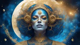 Universe, Galactic space portrait of a woman, moon, architecture inspired, crazy details and double exposure in fantasy style, gold, glitter, blue, hyper detailed main society, fine rendering, sharp drawing, vibrant colors