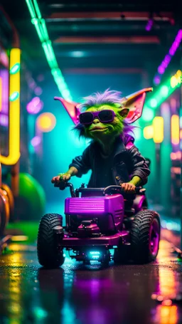 portrait of Hairy Gremlin myth buster pimp ninja yoga cyber punk in flying hipster lawn mower tractor parked in dark neon lit reflective misty wet arcade hall tunnel,bokeh like f/0.8, tilt-shift lens 8k, high detail, smooth render, down-light, unreal engine, prize winning