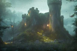 Overgrown castle ruins deep in a dense forest, dark fantasy, moonlight shafts, night time, fireflies