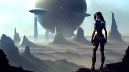 skinny sci-fi girl with long dark hair on an alien planet with tall spires, buildings, bridges, and arches