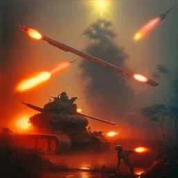 vietnam war. war report. napalm in jungle. bokeh. lens flare. warm lights. high detailed. beksinski