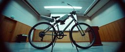 pinhole cam, weird geometry sacred, airbrush 3d rendering, integrated_multimodal_description: [Shot 1] A five-second cinematic single take in a clean industrial presentation hall. A bizarre mechanically plausible bicycle machine stands beside a presentation podium, designed to look like a giant mechanical praying mantis. Two large bicycle wheels form its main body and four thin articulated mechanical legs support it. Two long folded mechanical front arms resemble mantis forelegs.