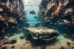 Junk city underwater, street view, many cars old, macro photography,