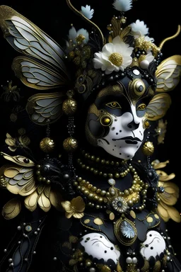Black and gold bioluminescence gradient bumble bee portrait, textured detailed wings, adorned with bioluminescence malachit eyes colour rococo style black and white and Golden dust pearls, beads and black diamond headdress and masque, black lily florals, organic bio spinal ribbed detail of detailed creative rococo style ornate lwhite colour florwers detailed 3d backgroun background extremely detailed hyperrealistic maximálist concept art