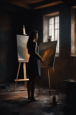 An artist studio with painting stand on it a dark picture of a sad pretty woman . And palate "A very old paints cracked dirty abandoned stage , insanely detailed octane render trending on artstation, 8k artistic photography, photorealistic concept art, soft natural volumetric cinematic perfect light, chiaroscuro, award-winning photograph, masterpiece, oil on canvas, Raphael, Caravaggio, Greg Rutkowski, people, beksinski, Giger