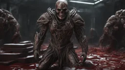 a horrifying ghost warrior. brutal carnage on a battle field. fantasy setting. h.r. giger. armor melted in to the skin. blood. intense horror. blind terror. scared to death. a masterpiece, fantasy concept art, dynamic lighting, hyperdetailed, intricately detailed, deep color, Unreal Engine, volumetric lighting, Epic cinematic brilliant stunning intricate meticulously detailed dramatic atmospheric maximalist digital matte painting