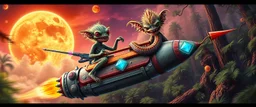 hairy macho gremlin octopus lizard aliens living in a hi tech marvellous hot dog art graphics and gems on rocket with a mounted sling shot mega harpoon, heading for venus , background motion blur and smoke swirls, and cheeky slug through giant ancient forest