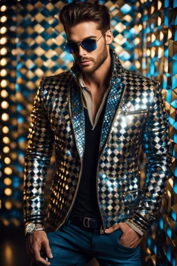 Full body Real photography handsome man super model European on fashion style dressing luxury jacket diamonds patterns,sunglasses,turn on music DJ player in disco club