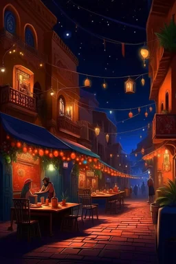 Tafraout Tiznit, vibrant night scene, detailed, hyper-realistic, lantern-lit streets, starry sky, music from a nearby cafe, aroma of street food,