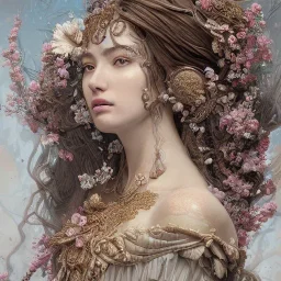 Insanely detailed photograph of an “portrait of gorgeous Greek goddess ” with intricate hair, intricate embroidered dress, beautiful clear face and hyperdetailed painting by Ismail Inceoglu Huang Guangjian and Dan Witz CGSociety ZBrush Central fantasy art album cover art,8K, hdr, romantic, mysterious, ominous, flowers, jewelry, comfort, natural eyes, "arms open for embrace"