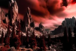 mountains, a gloomy rocky landscape, cypresses stretching up in the foreground, rocks and a bloody sky in the background