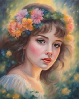 Oil pastel painting of a beautiful girl in a dreamy forest, beautiful portrait painting, Anne Shirley, dress with puffy sleeves, glow, sparkles, oil pastel painting, inspired by Thomas Kinkade, detailed oil pastel painting, beautiful flowers, dream, pretty face, fantasy art, moonlight, young girl, fairy, fine detail, dynamic, colorful oil pastel painting, vibrant painting