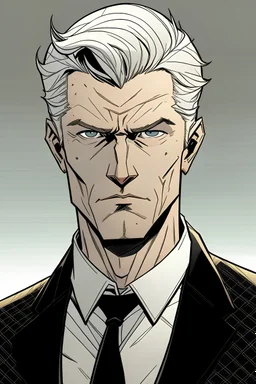 generate a white man in his mid thirtys. Is a retired superhero. Looks tired and angry. Has short dark blond hair. Has a small scar on his forehead. Wears a black suit. Has wind superpowers.