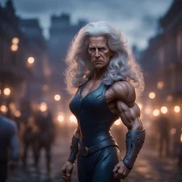 jo biden with muscles and big wig, Guiding souls through twilight, where the shadows flee In this realm of aftermath, phantoms softly tread Following the will-o-wisp, where the lost are led ,bokeh like f/0.8, tilt-shift lens 8k, high detail, smooth render, down-light, unreal engine