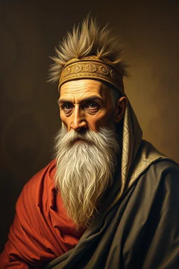 master oil painting by Rembrandt, realistic rendering Portrait of the Apkallu sage who were sent by the god Ea to teach civilization to humanity before the flood. They were depicted as half-human and half-fish or bird, and were associated with wisdom, magic, and culture. blurred pattern background, brightened edges to give a sense of depth