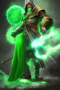 Powerful wizard using green magic, wearing dark cloak, fighting big stone monster