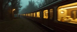 rabbit train in the style of Rembrandt and Fallout 4, with motion blur