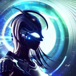 photo of a android girl on a mothership, warframe armor, beautiful face, scifi, futuristic background, galaxy, raytracing, dreamy, focused, sparks of light, pure, long white hair, blue cyborg eyes, glowing, 8 k high definition, insanely detailed, intricate, innocent, art by akihiko yoshida, antilous chao, li zixin, woo kim